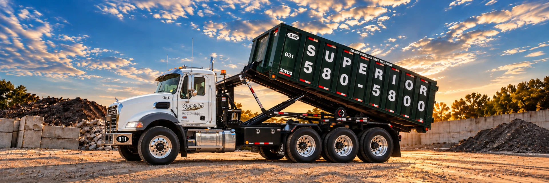 Superior Waste roll-off truck at sunset on Long Island